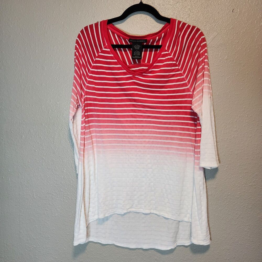 Grace Elements Womens L Top Lipstick Pink White Striped Ombre High Low 3/4 Sleev
